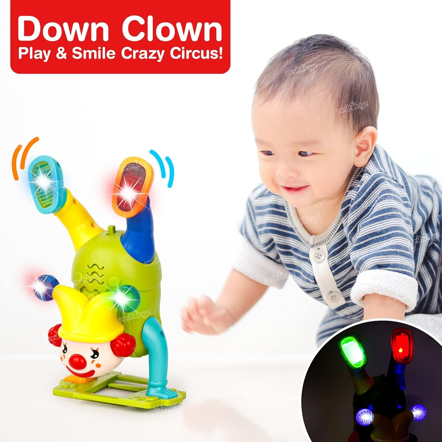 Zest 4 Toyz Musical Clown Upside Down Handstand Joker Toys Dancing Toy Walking Clown Toy for Kids with Music Sound LED Light Up Fun Moving Toy for Babies (Pack of 1) Random Color Dispatch