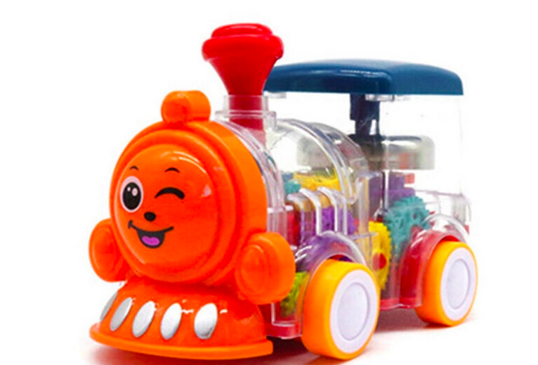 VGRASSP Push and Go Transparent Gear Train Engine Toy with 3D Flashing Lights, Battery Operated Smiley face Toy Train for Kids - Multicolor(Color As Per Stock)