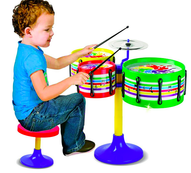 Toyztrend Jazz Drum Set Senior Musical Band Instruments with 3 Drums, 1 Dish, 1 Stool & Sticks for Kids (Assorted Colors & Designs)