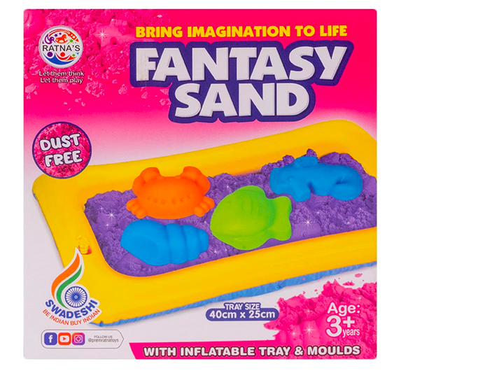 Fantasy Sand 500 Grams Pink Colour with Inflatable Tray, 1 Big Mould, 6 Small Moulds & 1 Toy Plastic Knife | Smooth, Non Sticky Kinetic Sand Set for Kids