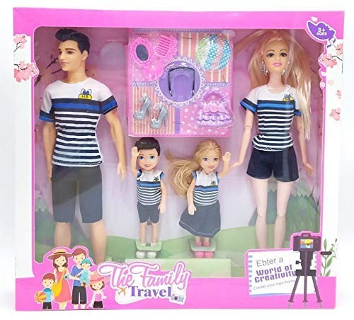 Plastic Beautiful Travel Family Doll Set with Mom,Dad,Baby Boy & Girl , Ideal Pretend Play Doll Accessories Stylish Playset for Girls, Multicolor, 3+ Years (Pack of 1)