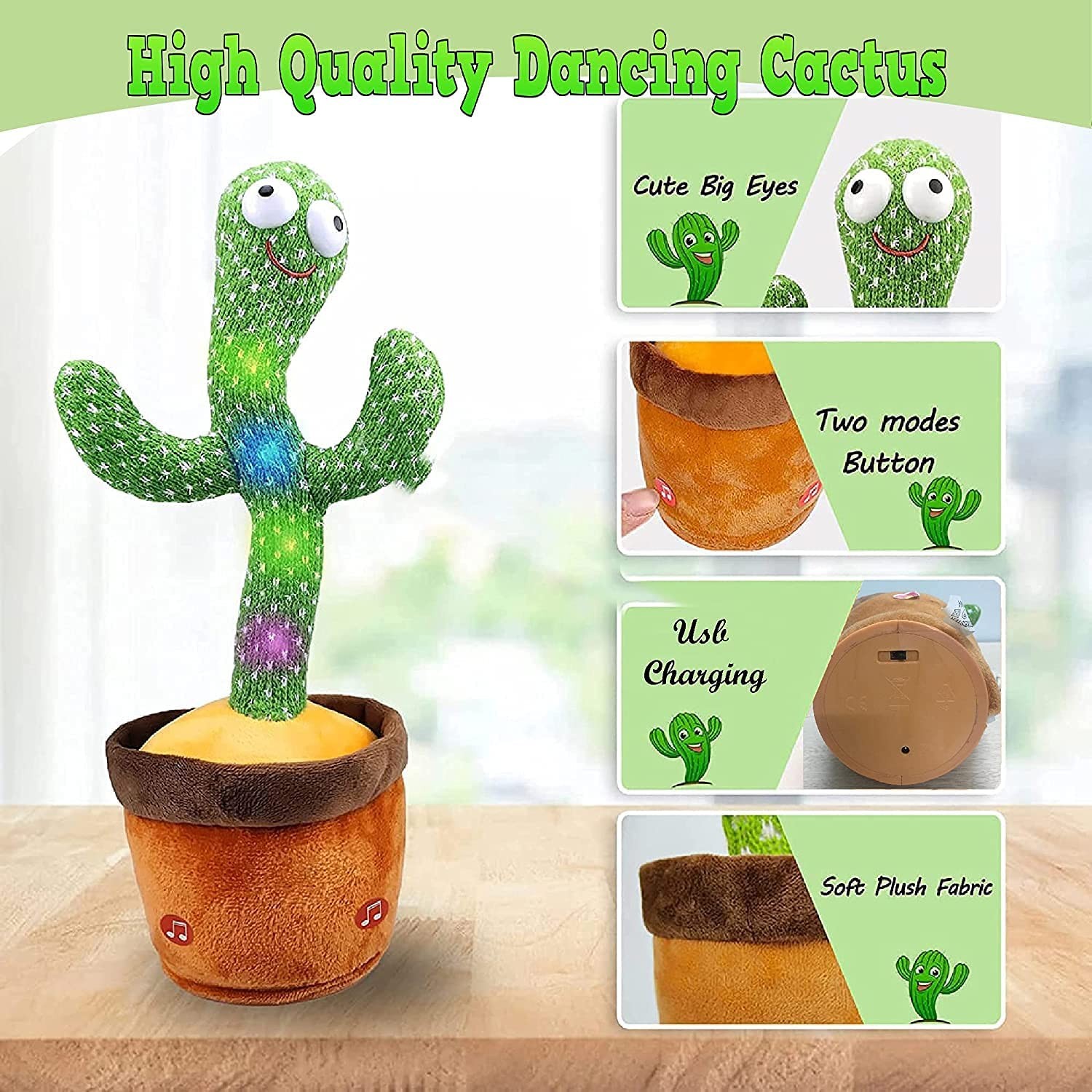 SHINETOY TikTok Dancing Cactus Plush Toy USB Charging,Sing 120pcs Songs,Recording,Repeats What You say and emit Colored Lights,Gifts (Talking Cactus -Rechargeable)